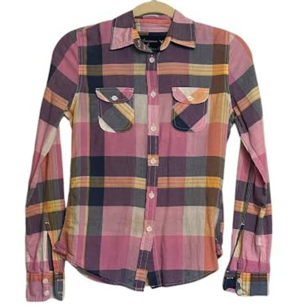 American Eagle Outfitters Women's, Plaid Pink/Purple/Yellow, Long Sleeve Size XS